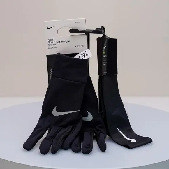 Nike Running Bundle Men's Medium Dri-FIT Gloves & Head Tie Black NWT - Picture 3 of 3